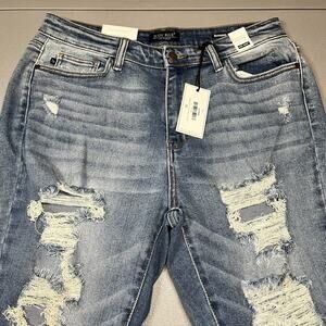 NWT Judy Blue Womens High Waist Rise Boyfriend Distressed Blue Jeans 11 | 30